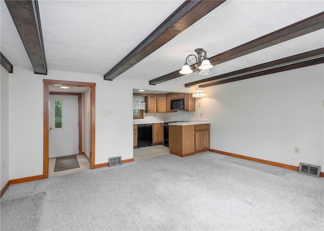 2555 Cole Rd, Marshall, PA 15090 - unfurnished living room with baseboards, a chandelier, light carpet, and beam ceiling