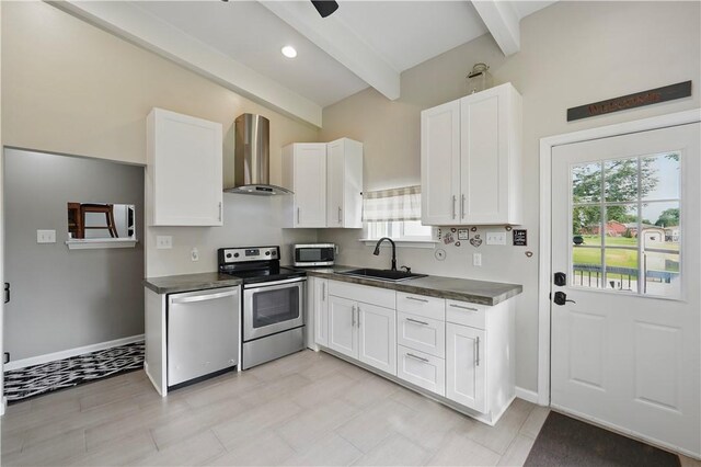 1182 W Laurel Cir, Mount Pleasant Twp, PA 15666 - kitchen with stainless steel appliances, wall chimney exhaust hood, a sink, dark countertops, and beam ceiling