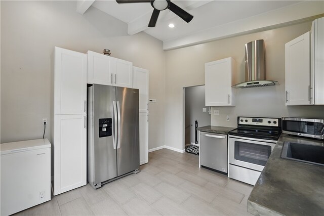 1182 W Laurel Cir, Mount Pleasant Twp, PA 15666 - kitchen featuring stainless steel appliances, wall chimney range hood, ceiling fan, white cabinets, and dark countertops