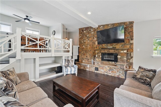 1182 W Laurel Cir, Mount Pleasant Twp, PA 15666 - living area featuring a ceiling fan, wood finished floors, a fireplace, beam ceiling, and recessed lighting