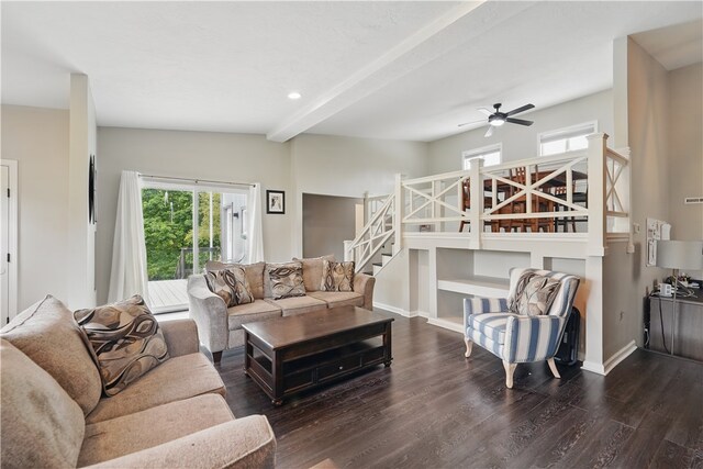 1182 W Laurel Cir, Mount Pleasant Twp, PA 15666 - living room with wood finished floors, beam ceiling, a ceiling fan, stairs, and baseboards