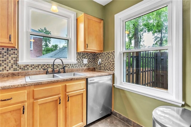 132 Crescent Hills Rd, Penn Hills, PA 15235 - kitchen with dishwasher, a sink, decorative backsplash, light brown cabinets, and tile patterned flooring