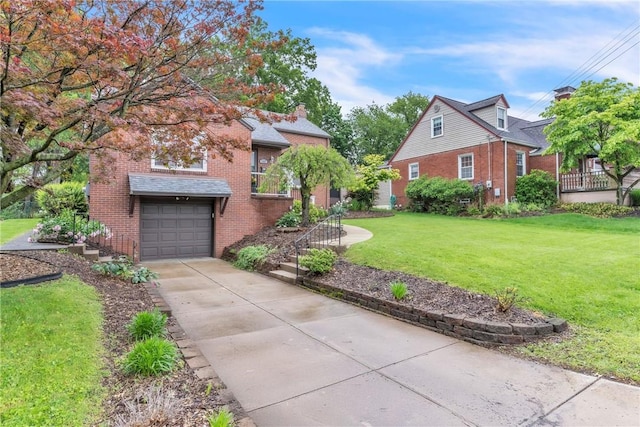 132 Crescent Hills Rd, Penn Hills, PA 15235 - view of side of home with brick siding, driveway, an attached garage, a yard, and a chimney