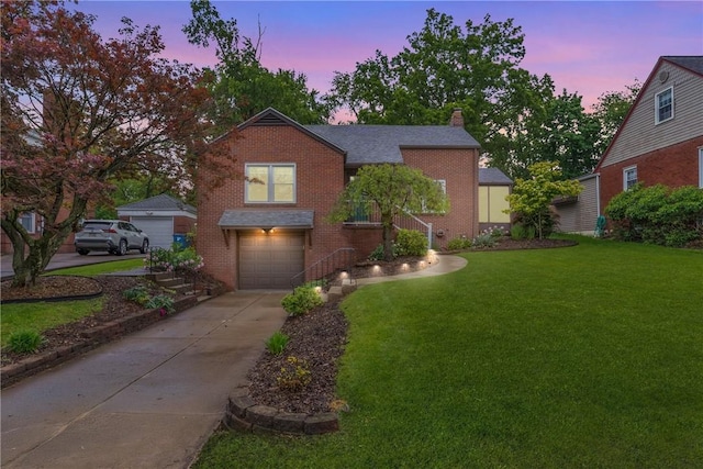 132 Crescent Hills Rd, Penn Hills, PA 15235 - traditional-style home featuring brick siding, a garage, a front yard, concrete driveway, and a chimney