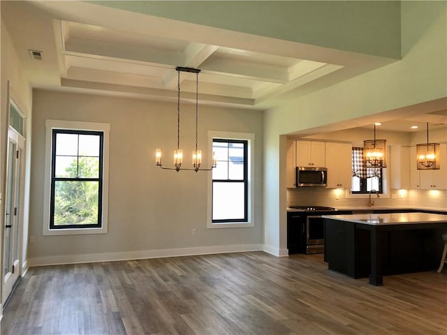 1006 Sweetgum Ct, Penn Twp Wml, PA 15644 - kitchen with a chandelier, appliances with stainless steel finishes, a sink, coffered ceiling, and dark wood finished floors