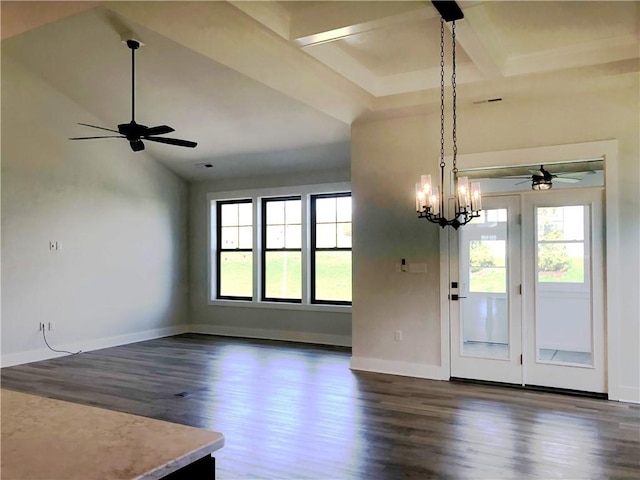1006 Sweetgum Ct, Penn Twp Wml, PA 15644 - unfurnished dining area featuring ceiling fan, healthy amount of natural light, dark wood-type flooring, and beamed ceiling