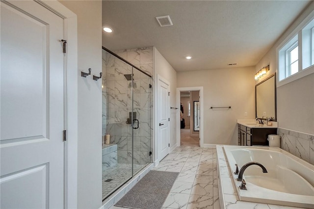 1703 Stevensan, Franklin Park, PA 15143 - bathroom featuring marble look tiles, a bath, vanity, a marble finish shower, and recessed lighting