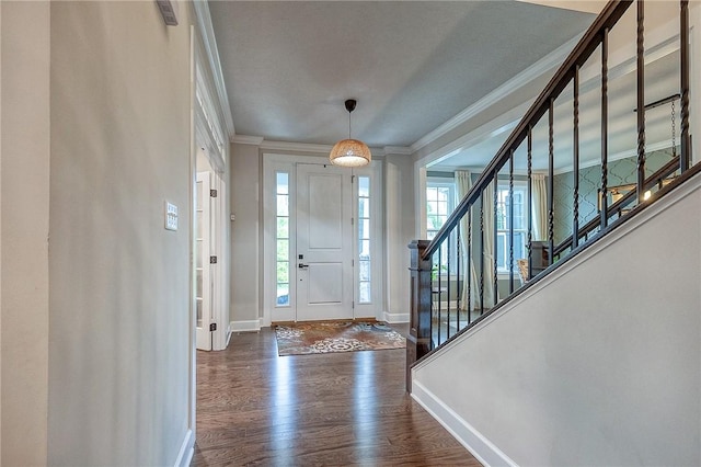 1703 Stevensan, Franklin Park, PA 15143 - foyer featuring baseboards, crown molding, wood finished floors, and stairs
