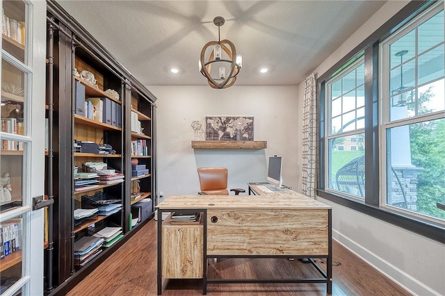 1703 Stevensan, Franklin Park, PA 15143 - office area featuring dark wood-style floors, a chandelier, baseboards, and recessed lighting