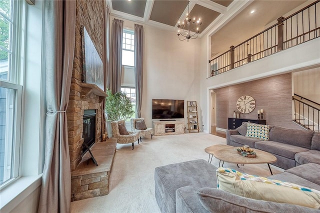 1703 Stevensan, Franklin Park, PA 15143 - living area featuring a towering ceiling, a stone fireplace, a chandelier, carpet floors, and coffered ceiling