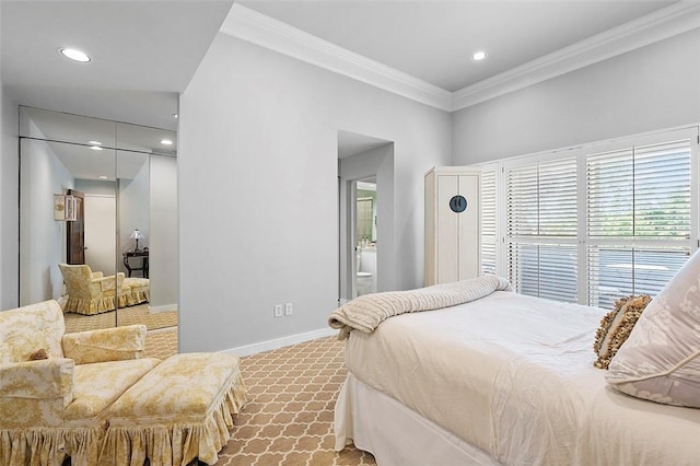 6015 Walnut St Unit 201, Shadyside, PA 15206 - carpeted bedroom with crown molding, baseboards, multiple windows, recessed lighting, and ensuite bathroom
