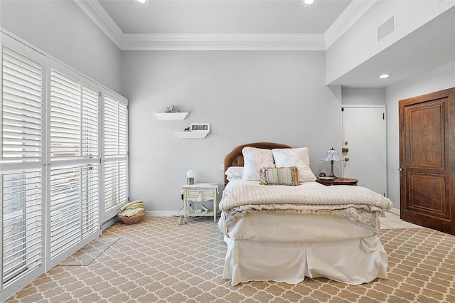 6015 Walnut St Unit 201, Shadyside, PA 15206 - bedroom with ornamental molding, recessed lighting, baseboards, and light carpet