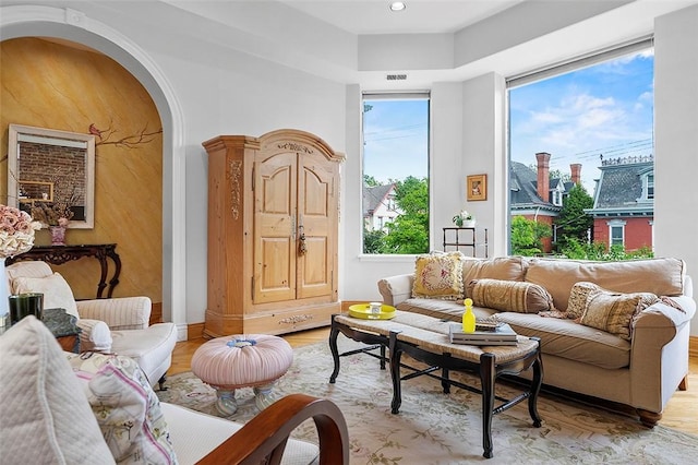 6015 Walnut St Unit 201, Shadyside, PA 15206 - living area with light wood-type flooring, plenty of natural light, arched walkways, and baseboards