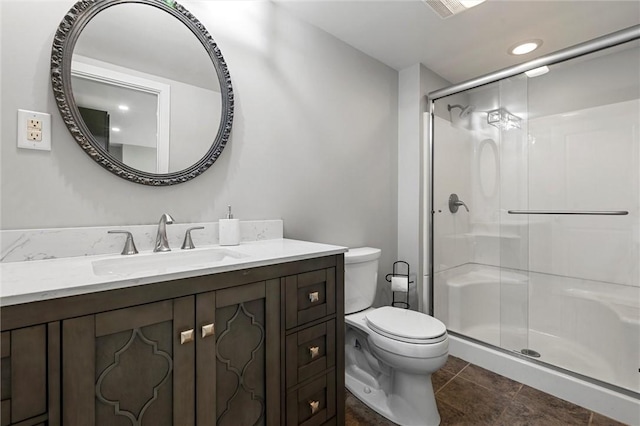 1218 W Ridge Ave, Sharpsville, PA 16150 - bathroom featuring toilet, a shower stall, vanity, and recessed lighting