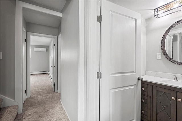 1218 W Ridge Ave, Sharpsville, PA 16150 - corridor with a sink, a wall mounted air conditioner, light carpet, and a baseboard radiator