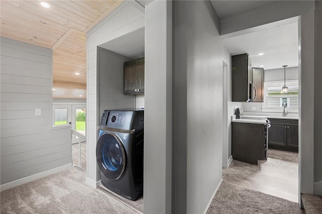 1218 W Ridge Ave, Sharpsville, PA 16150 - laundry area featuring washer / dryer, light colored carpet, wood ceiling, baseboards, and recessed lighting