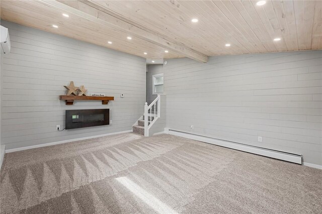 1218 W Ridge Ave, Sharpsville, PA 16150 - unfurnished living room with recessed lighting, wood ceiling, carpet flooring, a baseboard radiator, and baseboards