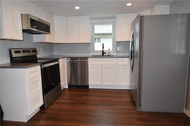 117 Oregon, Vandergrift Wml, PA 15690 - kitchen with appliances with stainless steel finishes, a sink, recessed lighting, dark wood-type flooring, and white cabinetry
