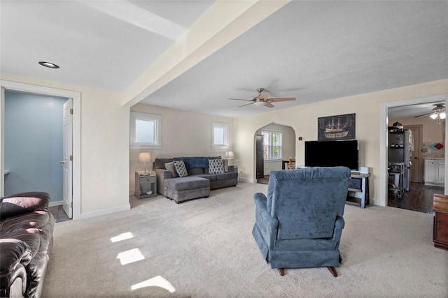 1217 Princeton Ave, Natrona Hts/Harrison Twp, PA 15065 - carpeted living room featuring ceiling fan, arched walkways, and baseboards