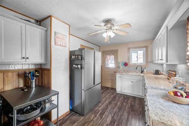 1217 Princeton Ave, Natrona Hts/Harrison Twp, PA 15065 - kitchen with freestanding refrigerator, a sink, white cabinetry, ceiling fan, and dark wood-type flooring
