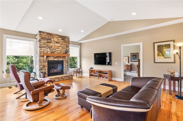 209 Lucca Ln, Upper St Clair, PA 15241 - living room featuring vaulted ceiling, a fireplace, light wood-style floors, baseboards, and recessed lighting