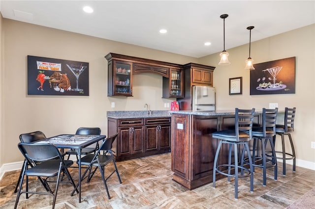 209 Lucca Ln, Upper St Clair, PA 15241 - indoor wet bar featuring freestanding refrigerator, pendant lighting, recessed lighting, and baseboards