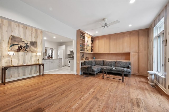 202 N Woodland Rd, Shadyside, PA 15232 - living room with light wood finished floors, ceiling fan, and recessed lighting
