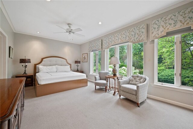 202 N Woodland Rd, Shadyside, PA 15232 - bedroom featuring carpet floors, baseboards, crown molding, recessed lighting, and a ceiling fan