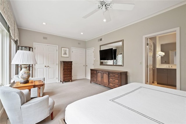 202 N Woodland Rd, Shadyside, PA 15232 - bedroom featuring carpet floors, crown molding, two closets, a sink, and recessed lighting