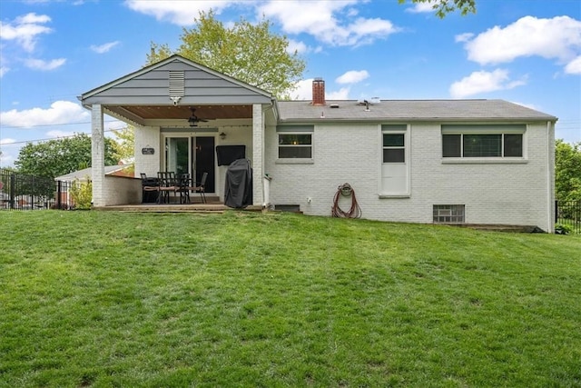 6003 Kingston Dr, Hopewell Twp Bea, PA 15001 - rear view of property with ceiling fan, a chimney, brick siding, and a patio