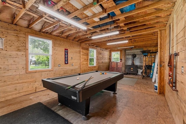 6003 Kingston Dr, Hopewell Twp Bea, PA 15001 - game room featuring a wood stove, billiards, and wooden walls