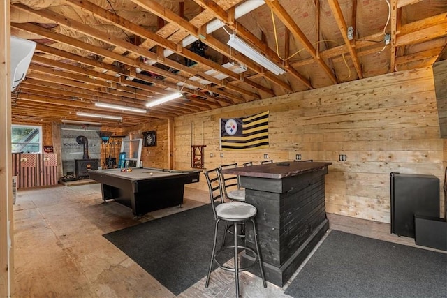 6003 Kingston Dr, Hopewell Twp Bea, PA 15001 - recreation room with a wood stove, a bar, pool table, and wood walls