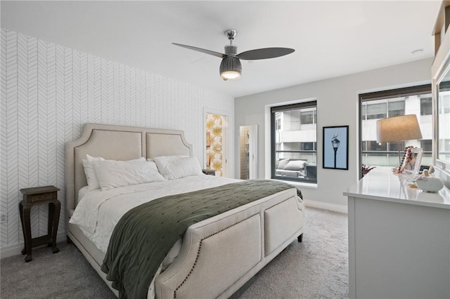 151 Fort Pitt Blvd Unit 1703, Downtown Pgh, PA 15222 - bedroom featuring wallpapered walls, baseboards, light colored carpet, and ceiling fan
