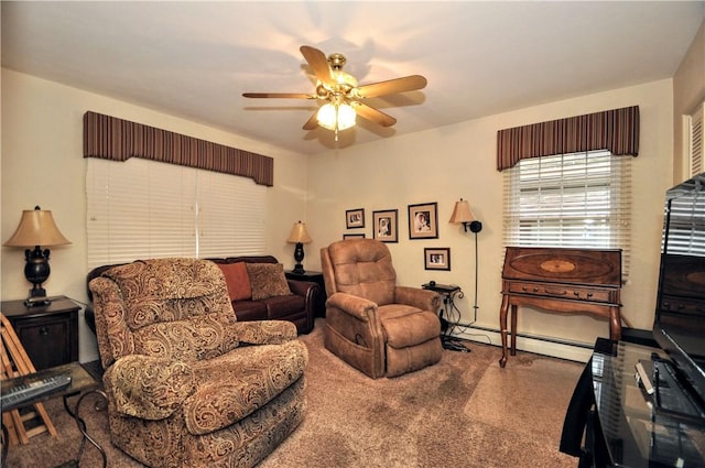 1513 Marion Ave, Monessen, PA 15062 - carpeted living room featuring a ceiling fan and a baseboard radiator