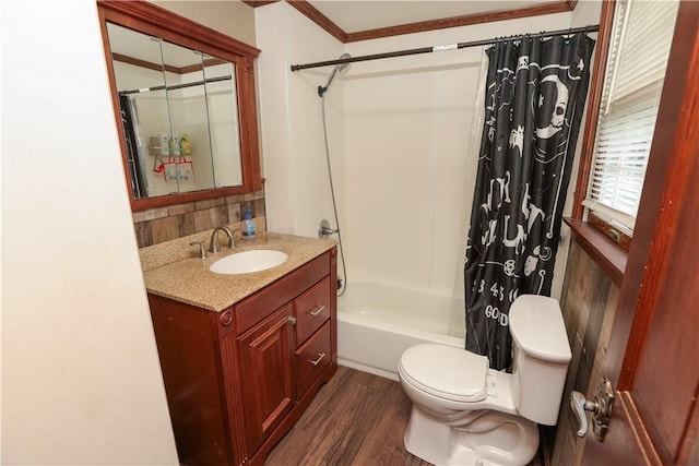 1019 Boulder St, California, PA 15419 - full bathroom with toilet, vanity, wood finished floors, shower / bath combination with curtain, and crown molding