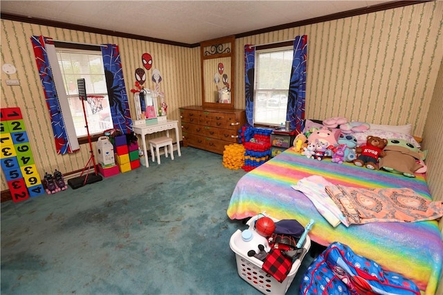 1019 Boulder St, California, PA 15419 - carpeted bedroom with crown molding, wallpapered walls, and multiple windows