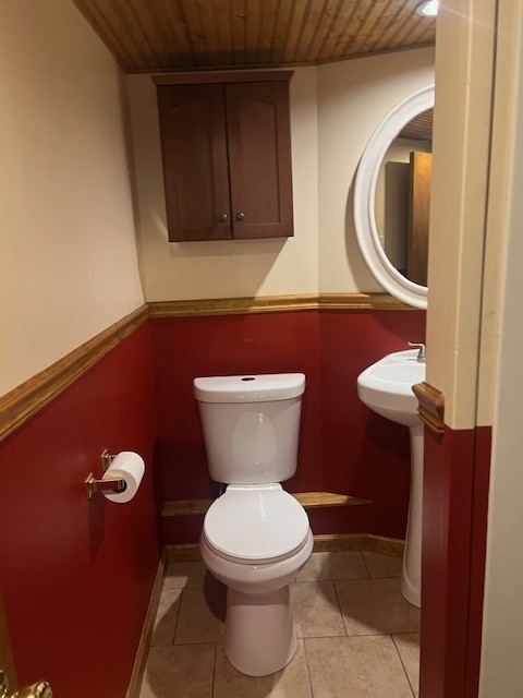1320 High, Jefferson Hills, PA 15025 - bathroom featuring wooden ceiling, toilet, baseboards, and tile patterned flooring