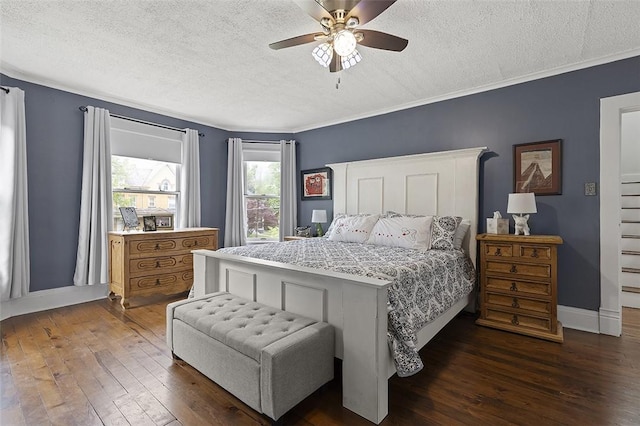 194 Beaver St, Beaver, PA 15009 - bedroom with a textured ceiling, dark wood-style flooring, baseboards, crown molding, and ceiling fan