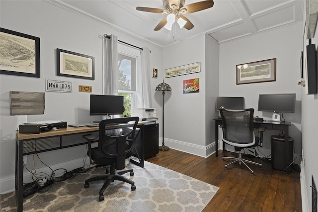 194 Beaver St, Beaver, PA 15009 - home office featuring wood-type flooring, ceiling fan, baseboards, ornamental molding, and coffered ceiling