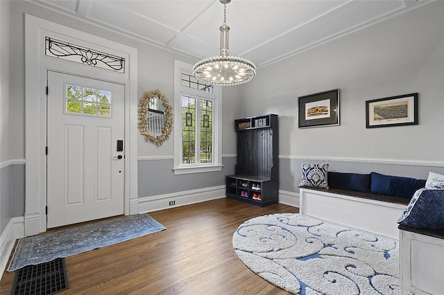 194 Beaver St, Beaver, PA 15009 - foyer entrance with a chandelier, wood finished floors, baseboards, coffered ceiling, and ornamental molding