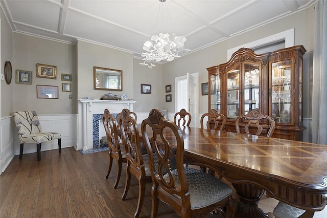 194 Beaver St, Beaver, PA 15009 - dining space featuring dark wood-type flooring, coffered ceiling, a chandelier, wainscoting, and ornamental molding