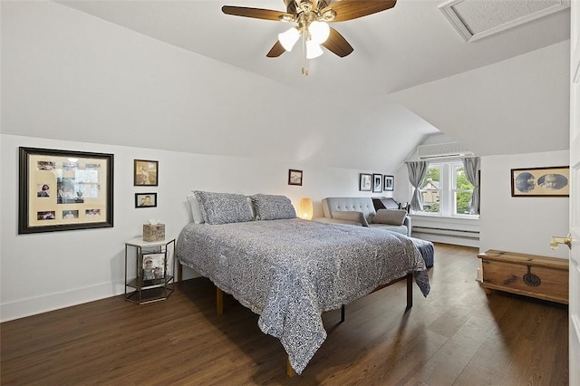 194 Beaver St, Beaver, PA 15009 - bedroom with dark wood-style flooring, lofted ceiling, ceiling fan, baseboards, and a baseboard heating unit