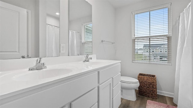420 Fosse Ct, Harmony Boro But, PA 16037 - full bath featuring wood finished floors, double vanity, toilet, baseboards, and a shower with shower curtain