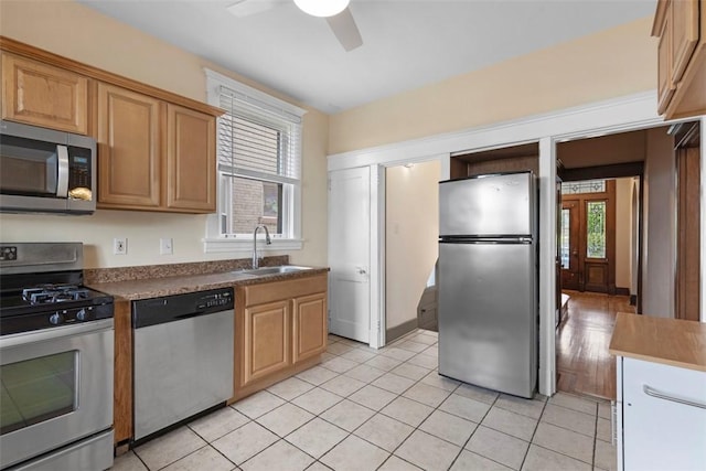 2938 Voelkel Ave, Dormont, PA 15216 - kitchen with appliances with stainless steel finishes, a sink, ceiling fan, light tile patterned flooring, and dark countertops