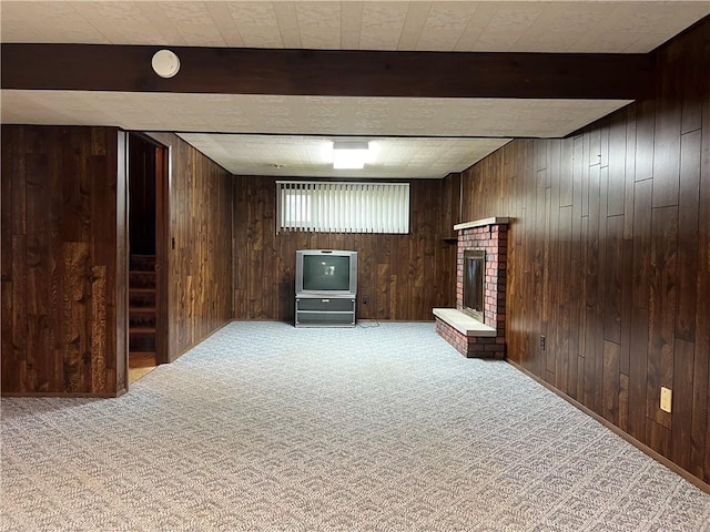 4130 James Dr, Lower Burrell, PA 15068 - finished basement featuring carpet, wood walls, and a fireplace