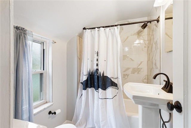 5268 Fieldcrest Dr, Whitehall, PA 15236 - bathroom featuring shower / bath combo with shower curtain, healthy amount of natural light, toilet, and a sink