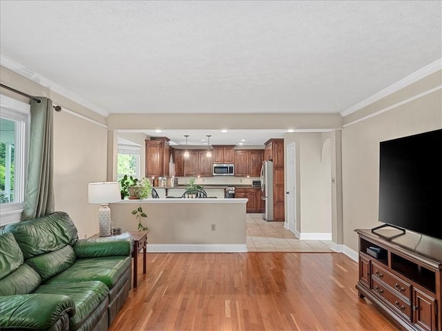 13 Westchester Ct, Robinson Twp Nwa, PA 15136 - living area with light wood-style floors, healthy amount of natural light, a textured ceiling, crown molding, and baseboards