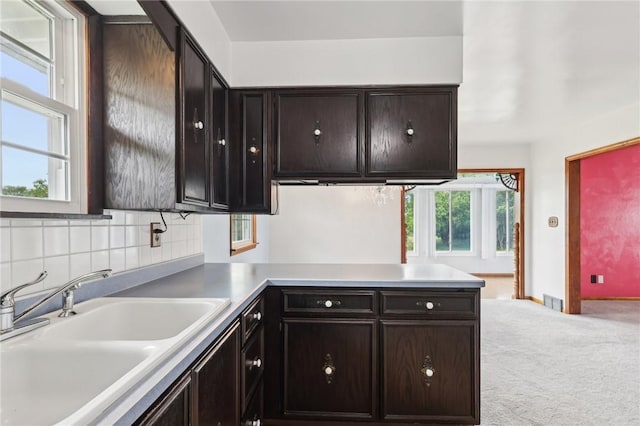 1509 Edmon Rd, Kiskiminetas Twp, PA 15618 - kitchen featuring a sink, a peninsula, light colored carpet, dark brown cabinetry, and light countertops