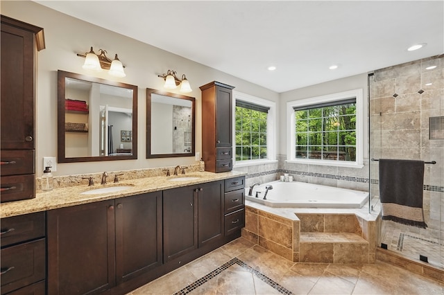 1125 Annisville Rd, Washington Twp But, PA 16050 - bathroom featuring a garden tub, double vanity, a shower stall, recessed lighting, and tile patterned floors