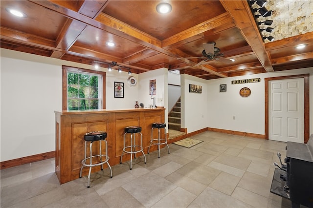 1125 Annisville Rd, Washington Twp But, PA 16050 - indoor bar featuring baseboards, a ceiling fan, coffered ceiling, stairs, and recessed lighting